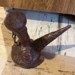 Vintage Catalan JEYPE embossed leather glass covered porron